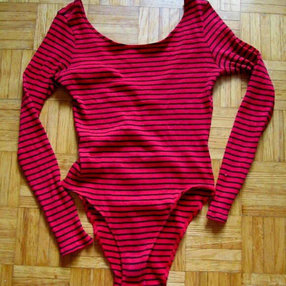 Divided by H&M Red Black Striped Long Sleeve Bodysuit - Size Large - Picture 1 of 5